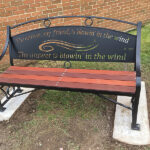 Bench, 50th High School Reunion, Millburn, NJ, Forged and Welded Steel, Waterjet Cut Letters, Mahogany, Marble, 2019
